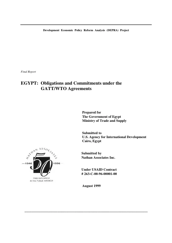 Egypt : obligations and commitments under the GATT/WTO [General Agreement on Tariffs and Trade/World Trade Organization] agreements -- volume 1 : final study report -- appendix C : outlines of Egypt"s obligations under the GATT/WTO agreements