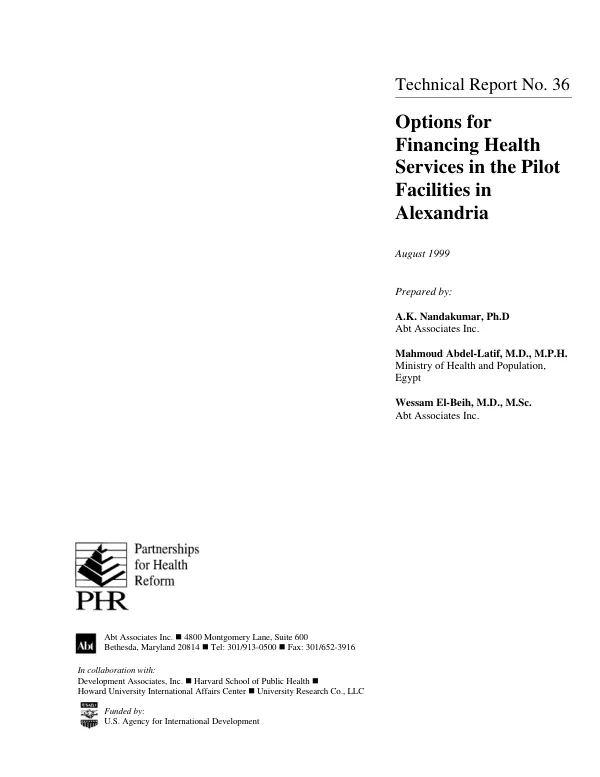 Options for financing health services in the pilot facilities in Alexandria[, Egypt]