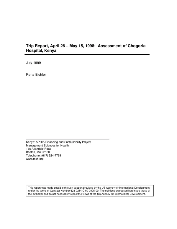 Trip report, April 26-May 15, 1998 : assessment of Chogoria Hospital, Kenya