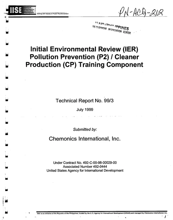 Initial environmental review (IER) : pollution prevention (P2)/cleaner production (CP) training component