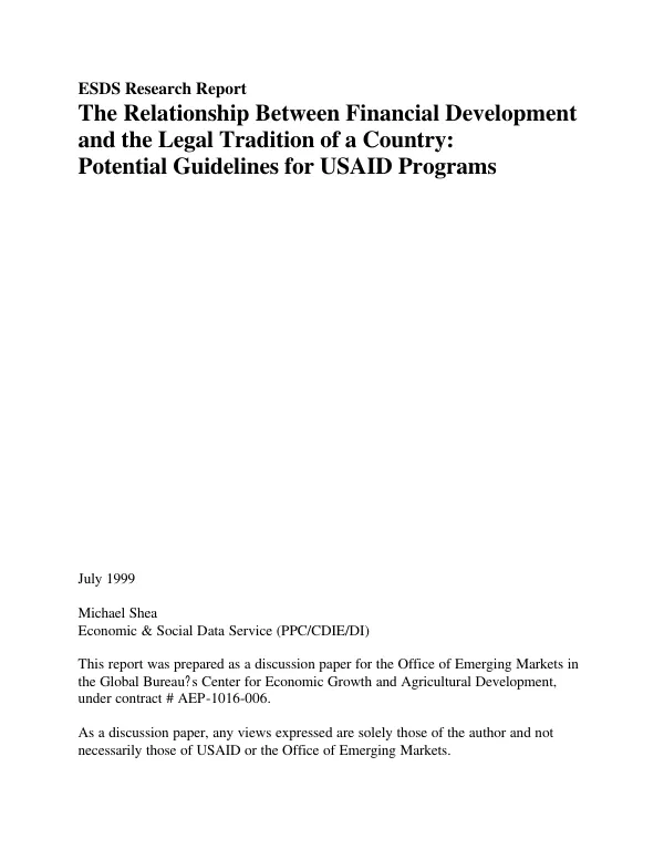 Relationship between financial development and the legal tradition of a country : potential guidelines for USAID programs