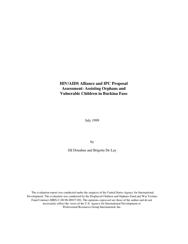 [International] HIV/AIDS Alliance and IPC [Initiative Privee et Communautaire de Lutte contre le VIH/SIDA] proposal assessment : assisting orphans and vulnerable children in Burkina Faso