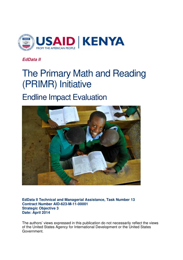 Primary math and reading (PRIMR) initiative : endline impact evaluation
