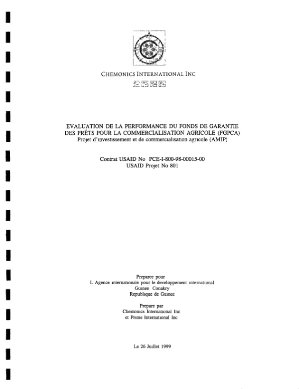 Evaluation de la performance du fonds de garantie des prets pour la commercialisation agricole (FGPCA) : projet d"investissement de de commercialisation agricole (AMIP)
