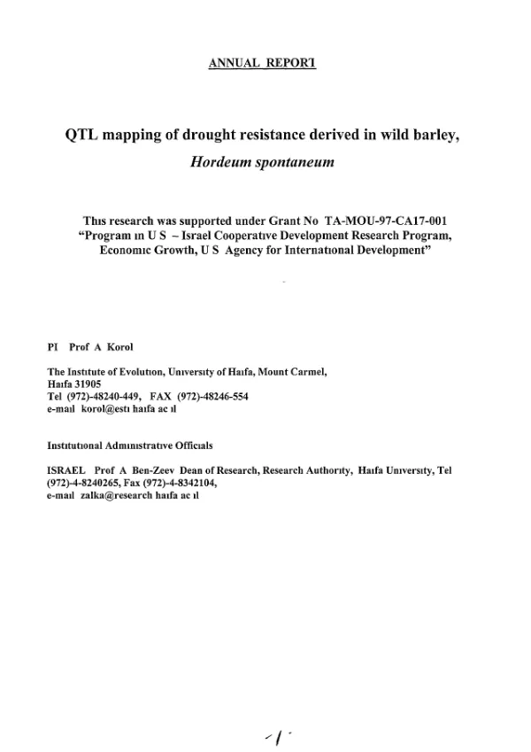 Annual report : QTL mapping of drought resistance derived in wild barley, Hordeum spontaneum