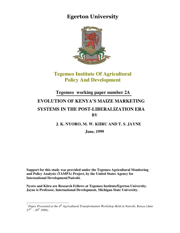 Evolution of Kenya"s maize marketing systems in the post-liberalization era