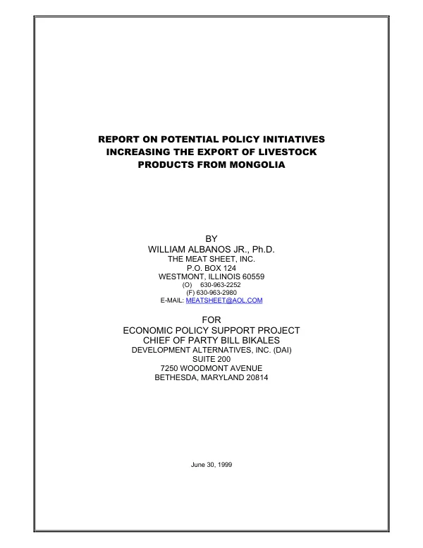 Report on potential policy initiatives increasing the export of livestock products from Mongolia