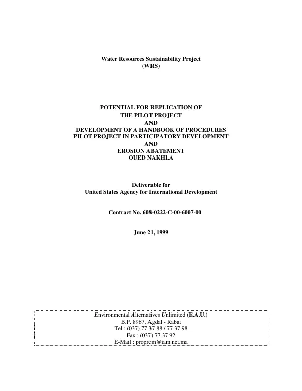 Potential for replication of the pilot project and development of a handbook of procedures : pilot project in participatory development and erosion abatement -- Oued Nakhla