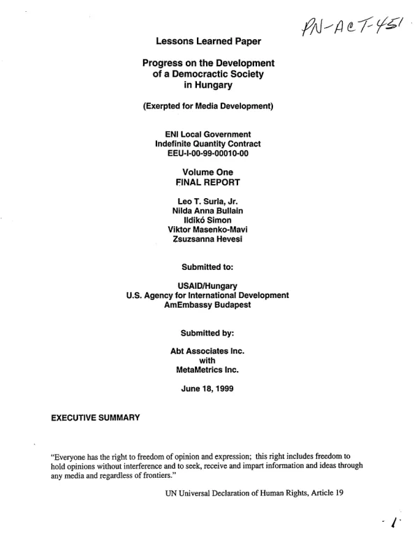 Lessons learned paper : progress on the development of a democractic society in Hungary -- (exerpted [i.e. excerpted] for media development) : ENI local government indefinite quantity contract EEU-I-00-99-00010-00 -- volume one, final report