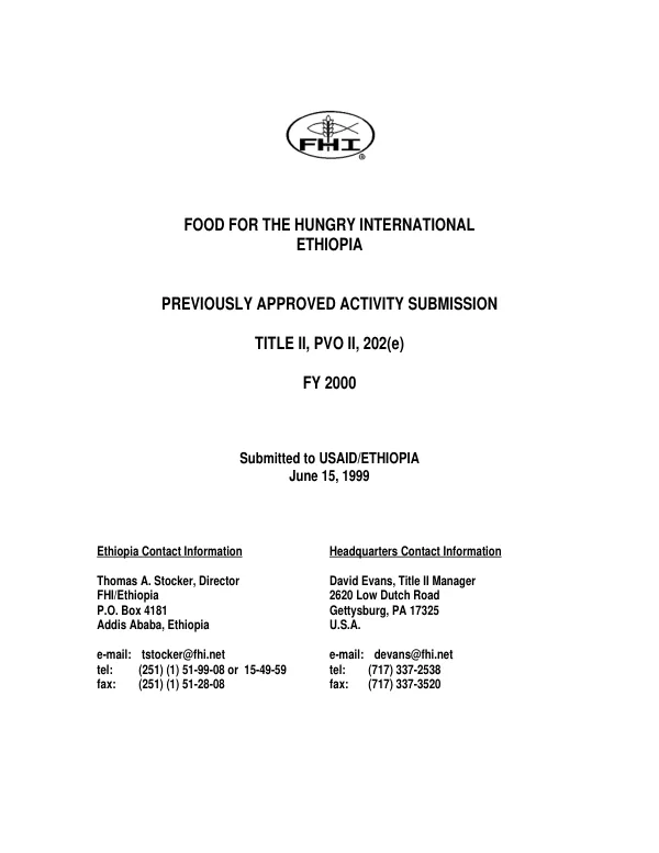 Food for the Hungry International Ethiopia : previously approved activity (PAA) submission -- Title II, PVO II, 202(e) : FY 2000