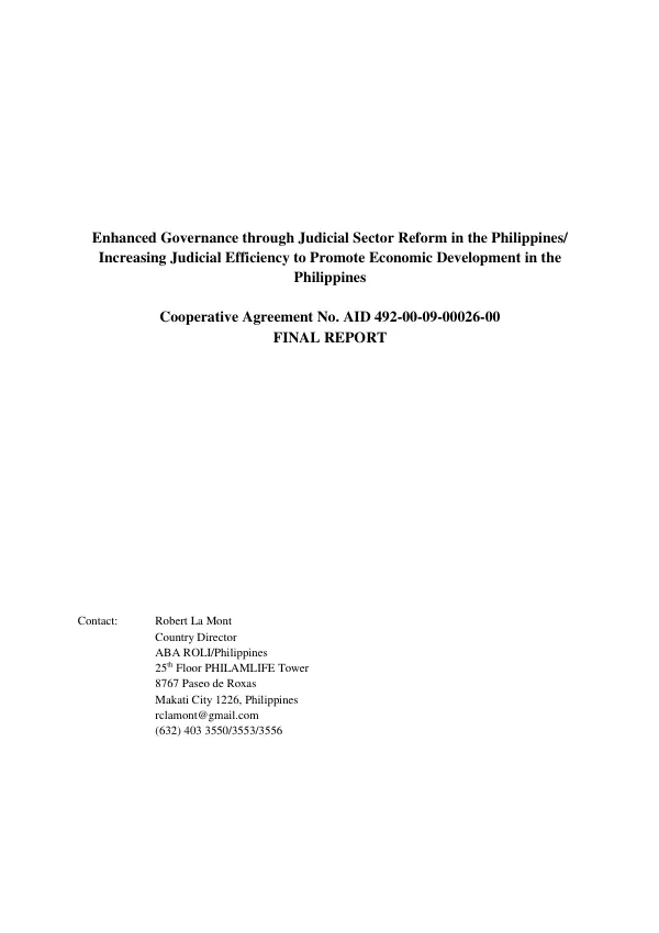 Enhanced governance through judicial reform in the Philippines : increasing judicial efficiency to promote economic development in the Philippines -- final report
