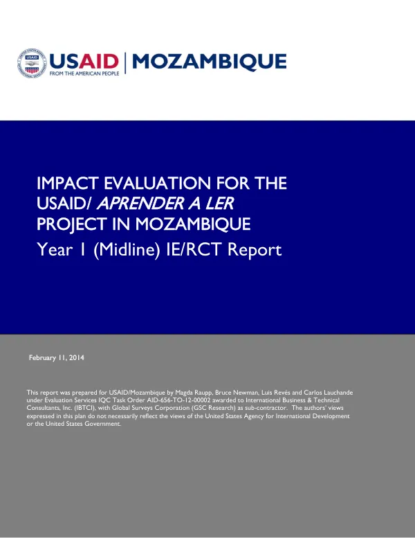 Impact evaluation for the USAID/Aprender a ler project in Mozambique : year 1 (midline) IE/RCT report