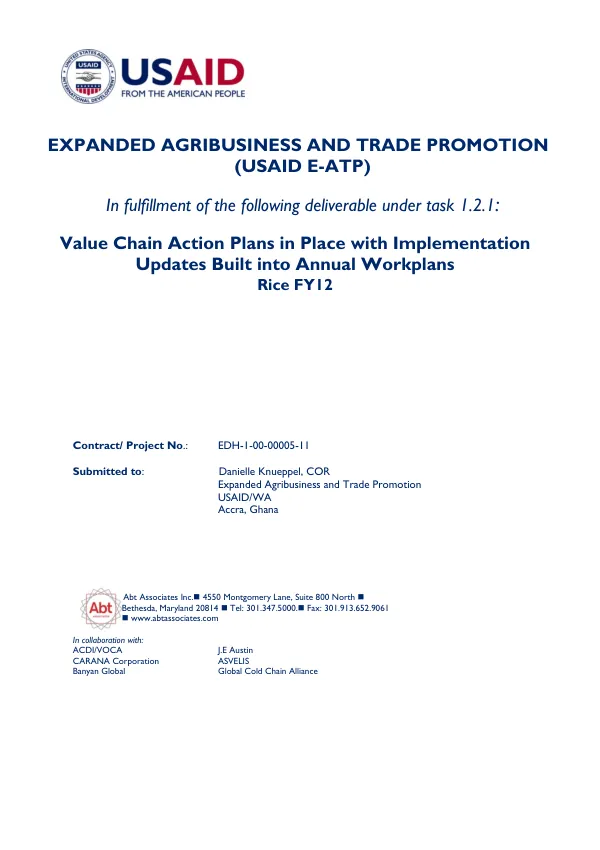 Value Chain Action Plans in Place with Implementation Updates Built into Annual Workplans Rice FY12