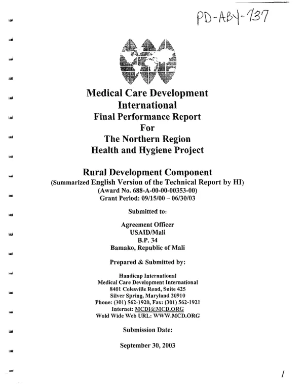 Final performance report for the Northern Region health and hygiene project : rural development component (summarized English version of the technical report by HI [Handicap International])