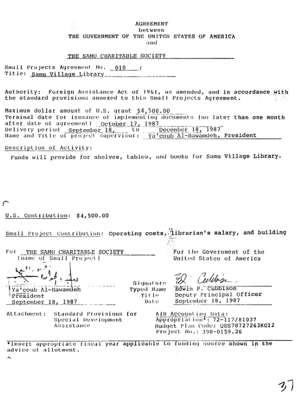 Agreement between the Government of the United States of America and the Samu Charitable Society for Samu Village Library