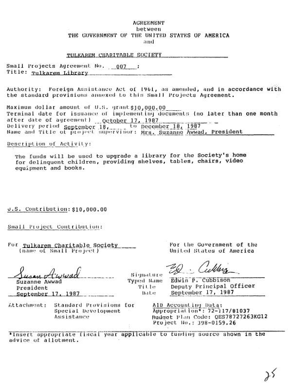 Agreement between the Government of the United States of America and Tulkarem Charitable Society for Tulkarem Library