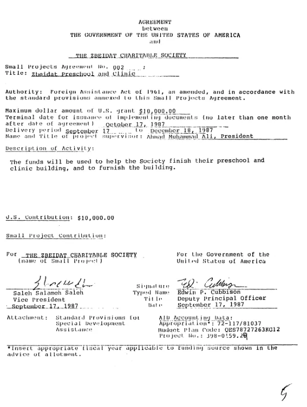 Agreement between the Government of the United States of America and the Zbeidat Charitable Society for Zbeidat Preschool and Clinic