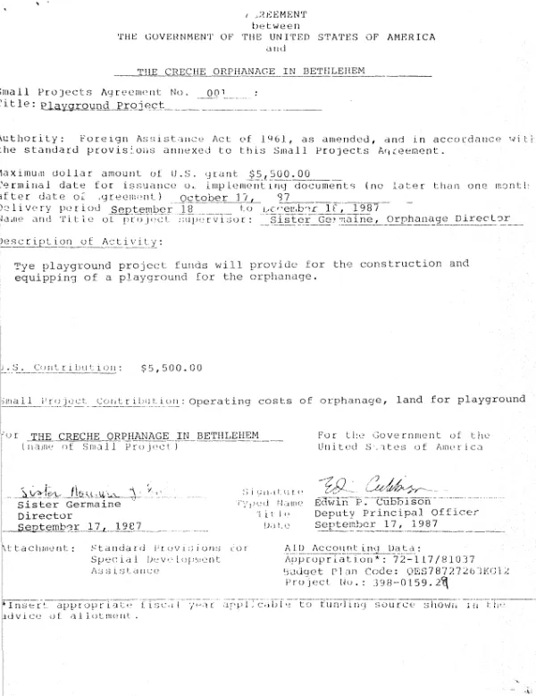 Agreement between the Government of the United States of America and the Creche Orphanage in Bethlehem for playground project