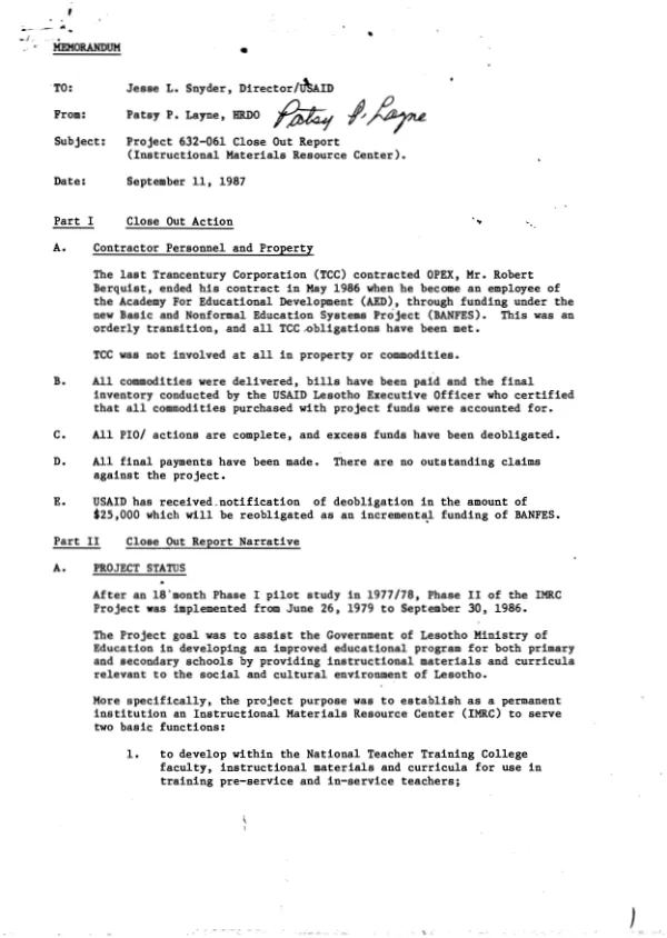 Memorandum to Jesse L. Snyder, Director, USAID on project 632-061 close-out report (Instructional Materials Resource Center)