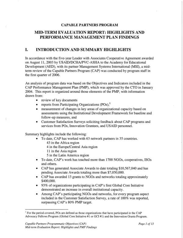 Capable partners program : mid-term evaluation report : highlights and performance management plan findings
