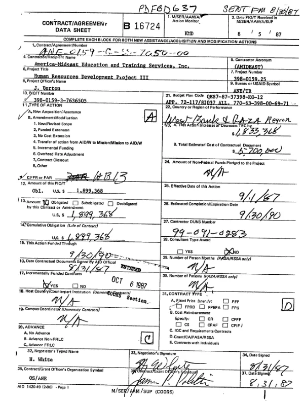 AID grant no. ANE-0159-G-SS-7050-00 to the American - Mideast Educational and Training Services, Inc. (AMIDEAST) in support of the human resources development project III in the West Bank and Gaza Strip