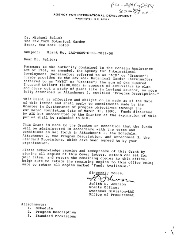 AID grant no. LAC-0605-G-SS-7037-00 to the New York Botanical Garden to plan and carry out a study of plant life in lowland Ecuador