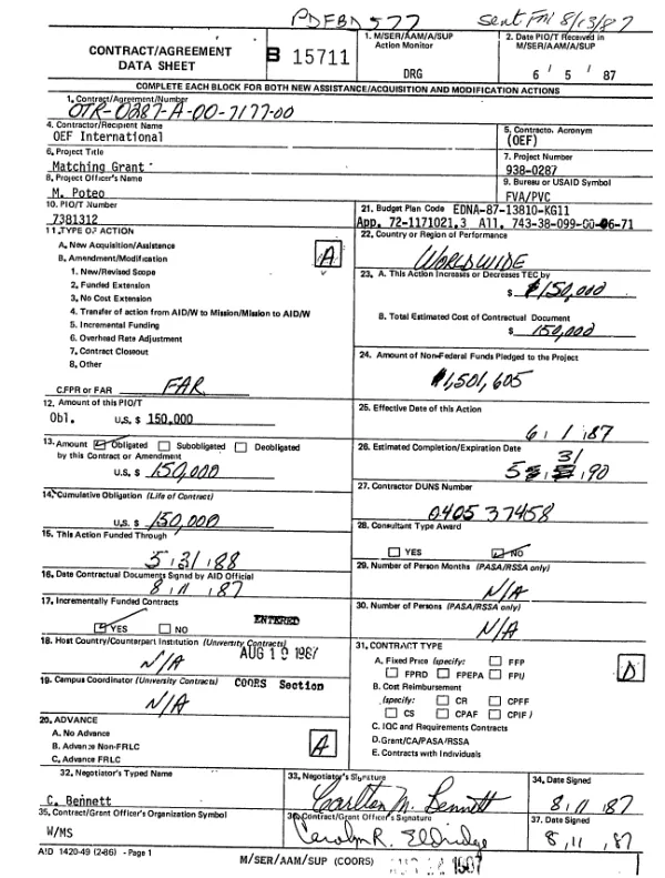 Cooperative agreement no. OTR-0287-A-00-7177-00 with OEF International