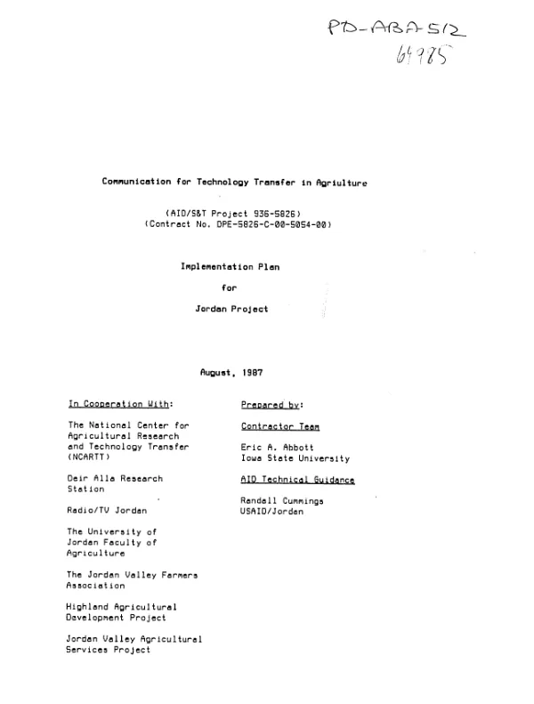 Communication for technology transfer in agriculture : implementation plan for Jordan project