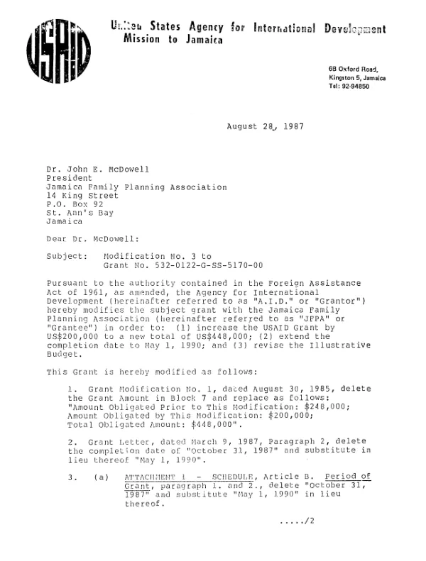 AID modification no. 3 to grant no. 532-0122-G-SS-5170-00 to Jamaica Family Planning Association