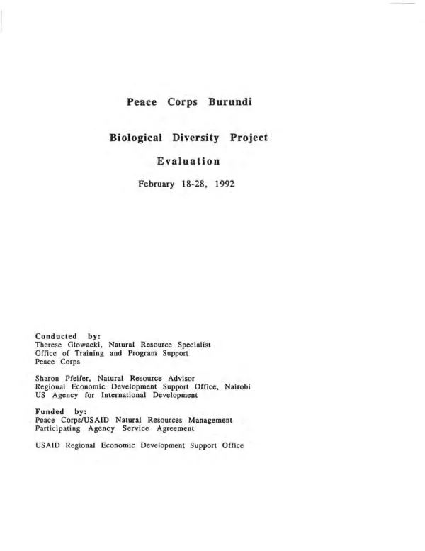 Peace Corp Burundi biological diversity project evaluation, February 18-28, 1992