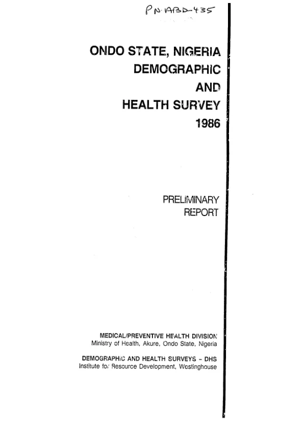 Ondo State of Nigeria demographic and health survey 1986 : preliminary report