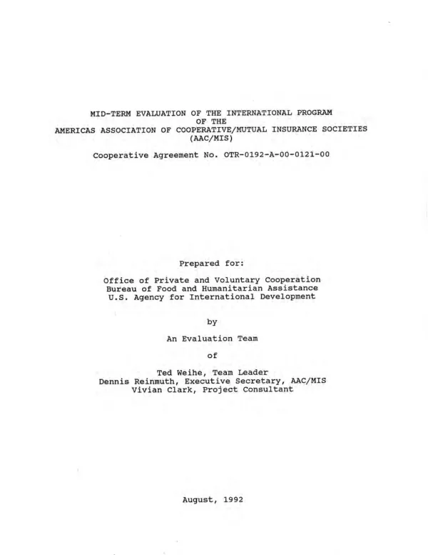 Mid-term evaluation of the international program of the Americas Association of Cooperative/Mutual Insurance Societies (AAC/MIS) : cooperative agreement no. OTR-0192-A-00-0121-00