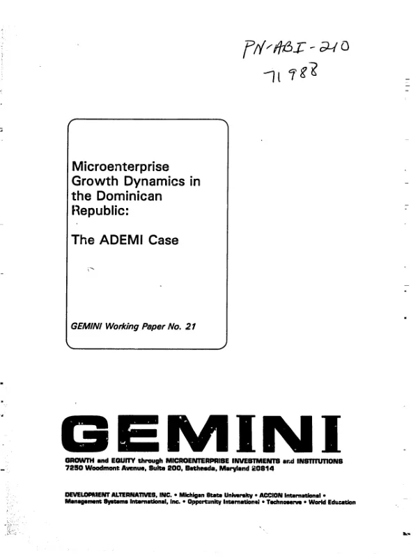 Microenterprise growth dynamics in the Dominican Republic : the ADEMI [Asociacion para el Desarrollo de Microempresas, Inc.] case