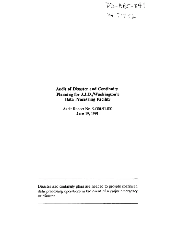 Audit of disaster and continuity planning for AID/Washington"s data processing facility