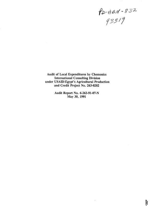 Audit of local expenditures by Chemonics International Consulting Division under USAID/Egypt"s agricultural production and credit project no. 263-0202