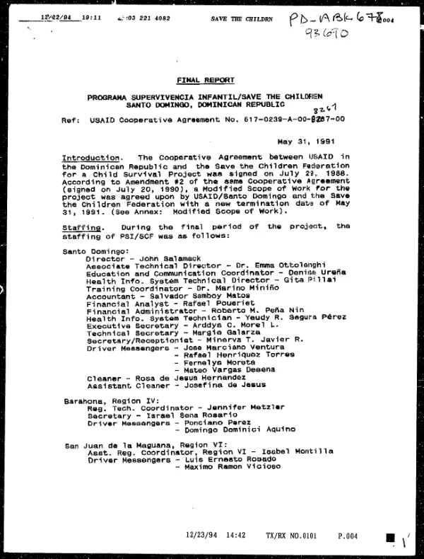 Final report : Programa Supervivencia Infantil/Save the Children, Santo Domingo, Dominican Republic : USAID cooperative agreement no. 517-0239-A-00-8267-00