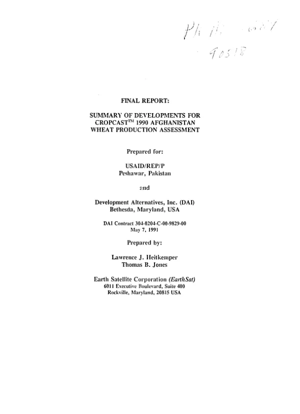 Final report : summary of developments for CROPCAST 1990 Afghanistan wheat production assessment