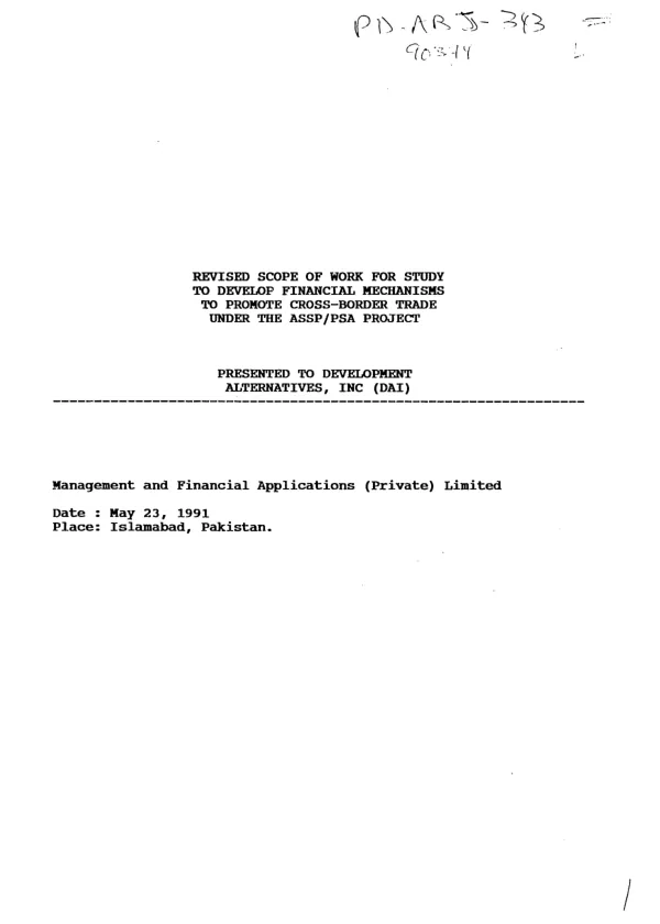 Revised scope of work for study to develop financial mechanisms to promote cross-border trade under the ASSP/PSA project