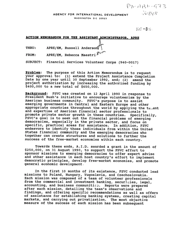 Action memorandum for the Assistant Administrator, PRE : Financial Services Volunteer Corps (940-0017)