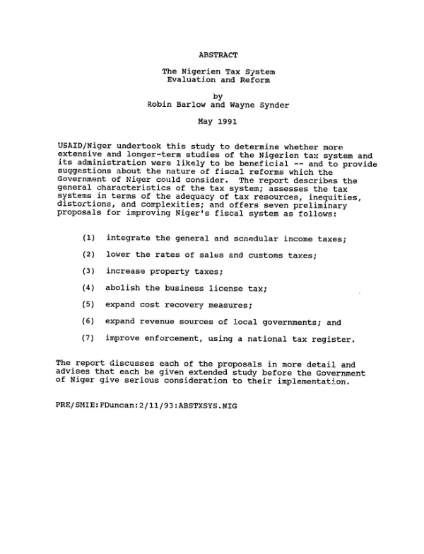 Nigerien tax system : evaluation and reform