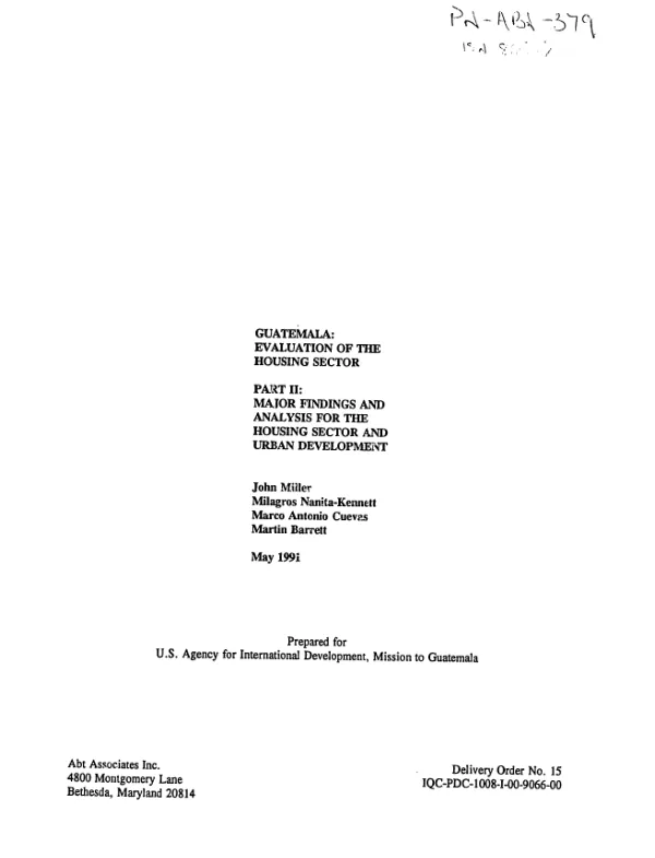 Guatemala : evaluation of the housing sector -- part II : major findings and analysis for the housing sector and urban development