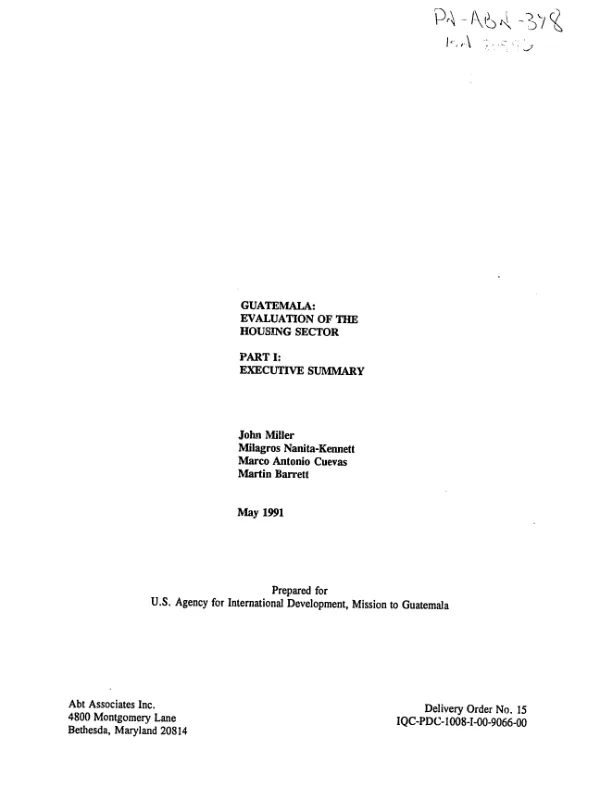 Guatemala : evaluation of the housing sector -- part I : executive summary