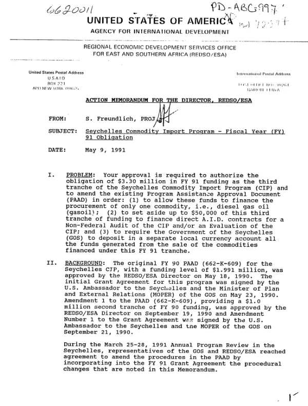Seychelles commodity import program -- fiscal year (FY) 91 obligation : [amendment]