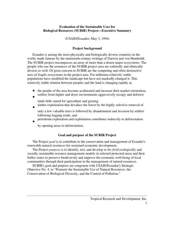 Evaluation of the sustainable uses for biological resources (SUBIR) project -- executive summary