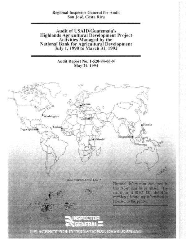 Audit of USAID/Guatemala"s highlands agricultural development project activities managed by the National Bank for Agricultural Development : July 1, 1990 to March 31, 1992