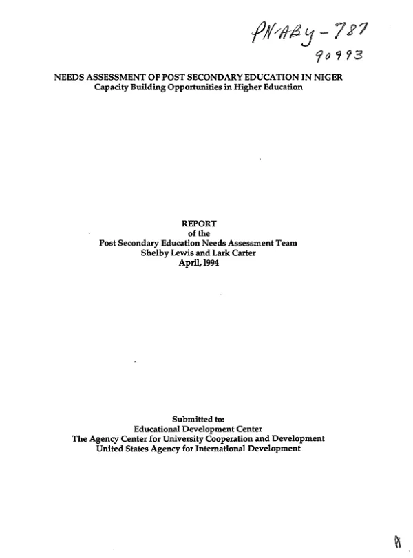 Needs assessment of post secondary education in Niger : capacity building opportunities in higher education