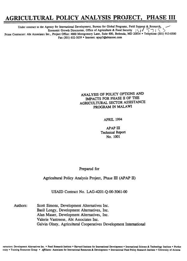 Analysis of policy options and impacts for phase II of the agricultural sector assistance program in Malawi