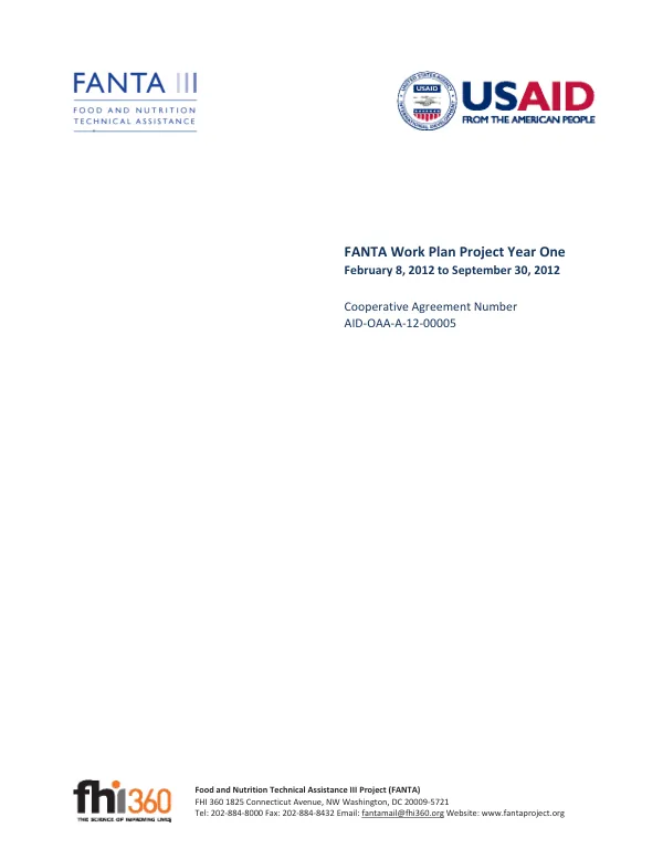 FANTA Work Plan Project Year One February 8, 2012 to September 30, 2012