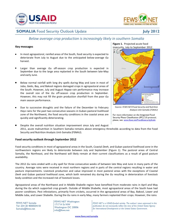 Somalia food security outlook update, July 2012
