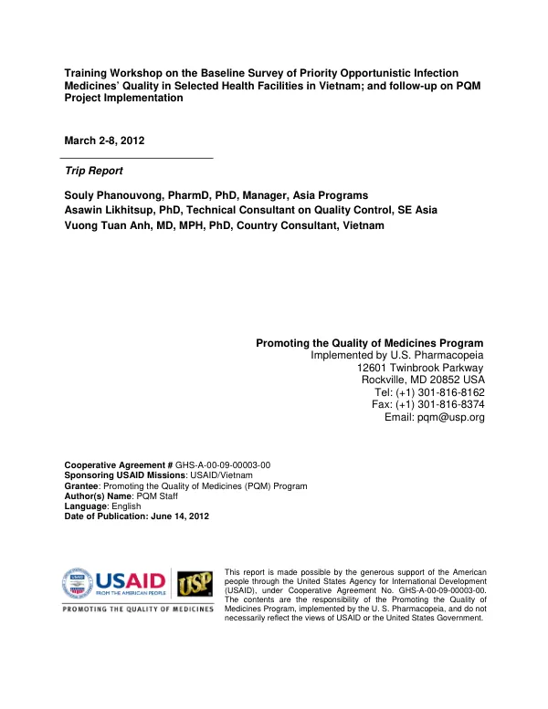 Training Workshop on the Baseline Survey of Priority Opportunistic Infection Medicines’ Quality in Selected Health Facilities in Vietnam; and follow-up on PQM Project Implementation